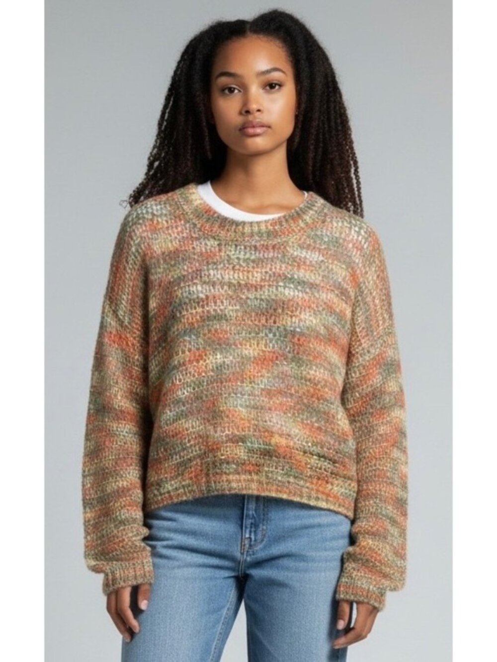LE LIS Orange + Green Open-Knit Crewneck Balloon Sleeve Sweater NWT Size Small